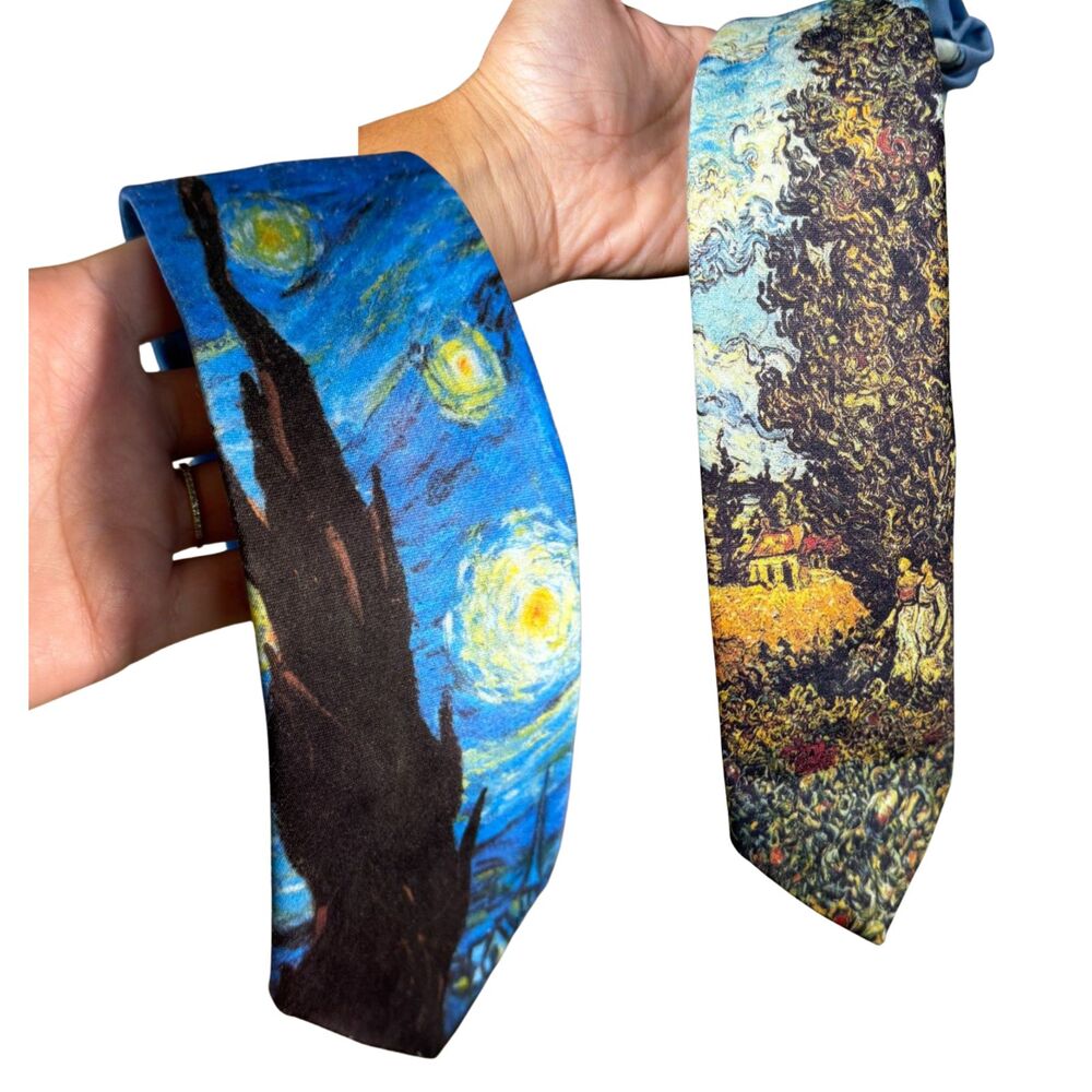 Bundle of 2 VTG Ralph Marlin 1987 and 1990 Starry Night Landscape" Art Tie